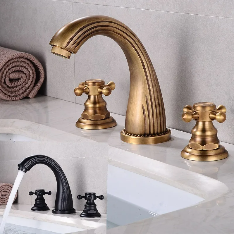 

Antique Brass Basin Faucets Bathroom Sink 3 Holes Double Handle Luxury Bathbasin Bathtub Taps Hot and Cold Mixer Water Faucets