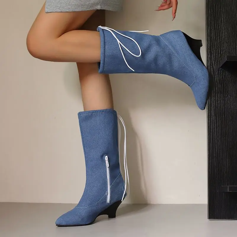 

ORCHALISA 2025 Новые женские ботильоны на танкетке, синие, черные, с острым носком, 6 см, на маленьком каблуке, на молнии, с кружевом, большой размер 48, для отдыха, на каждый день