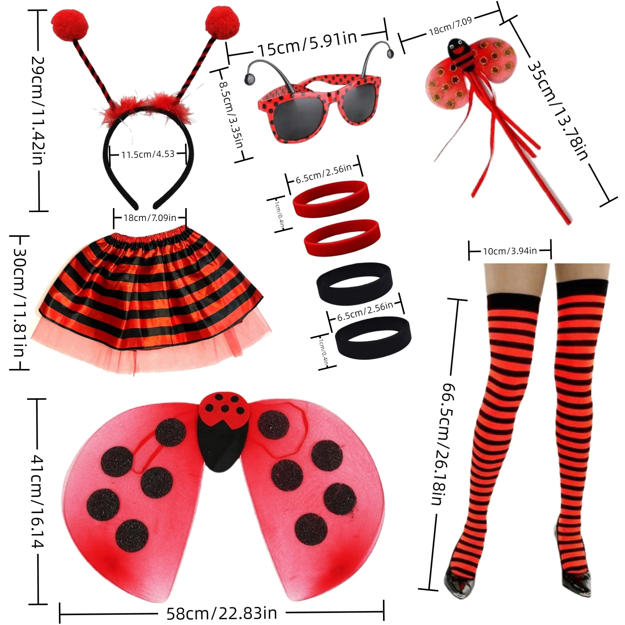 성인 무당벌레 의상, 할로윈 드레스 롤플레잉 액세서리, 스커트, 날개, 머리띠 양말 및 장갑 등