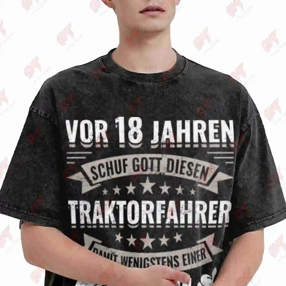 18th Birthday Tractor Driver German Vintage Washed Tee Pure Cotton T-Shirt