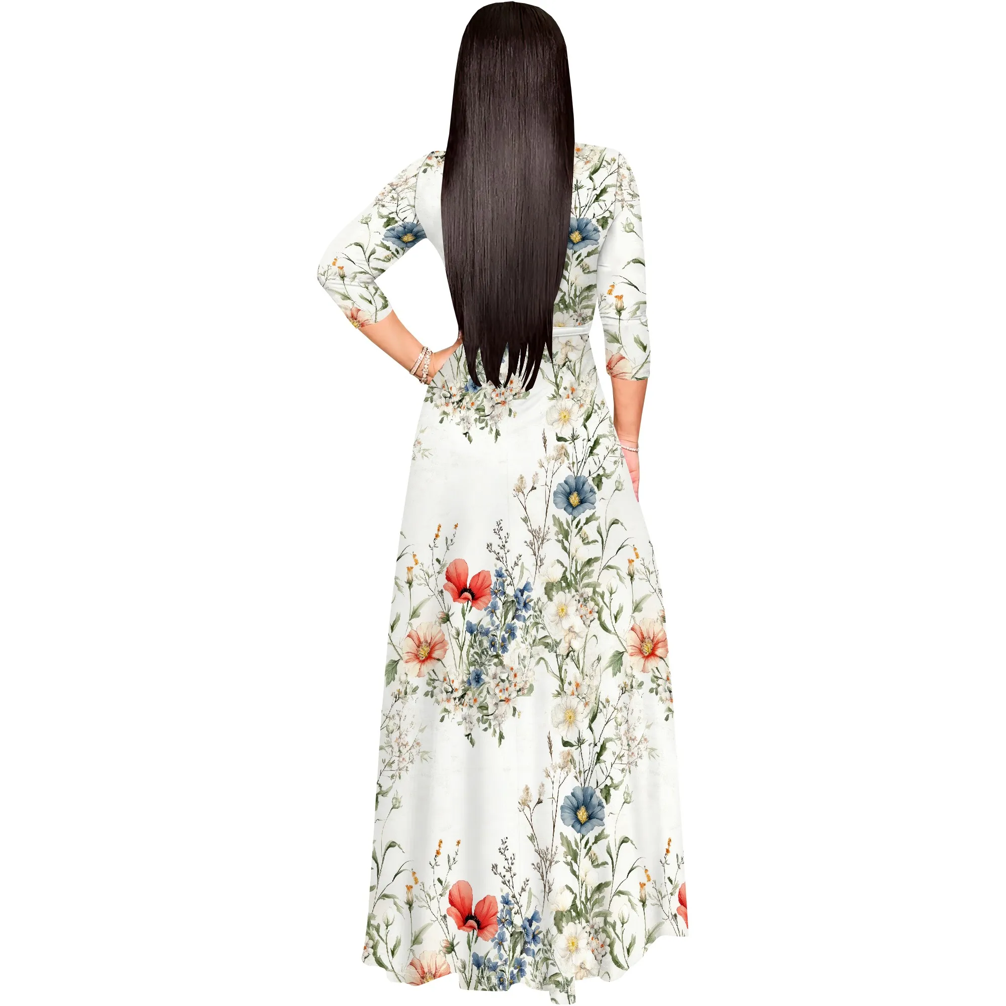 Floral V-Neck 3/4 Sleeve Wrap Maxi Dress with Belt - Women's Romantic Elegant Party Evening Resortwear Date Night