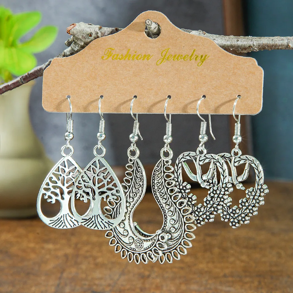 Ethnic New Silver Metal Pendant Earring Set for Women Boho Hollow Dream Catcher Leaves Long Dangle Earrings Girls Party Jewelry