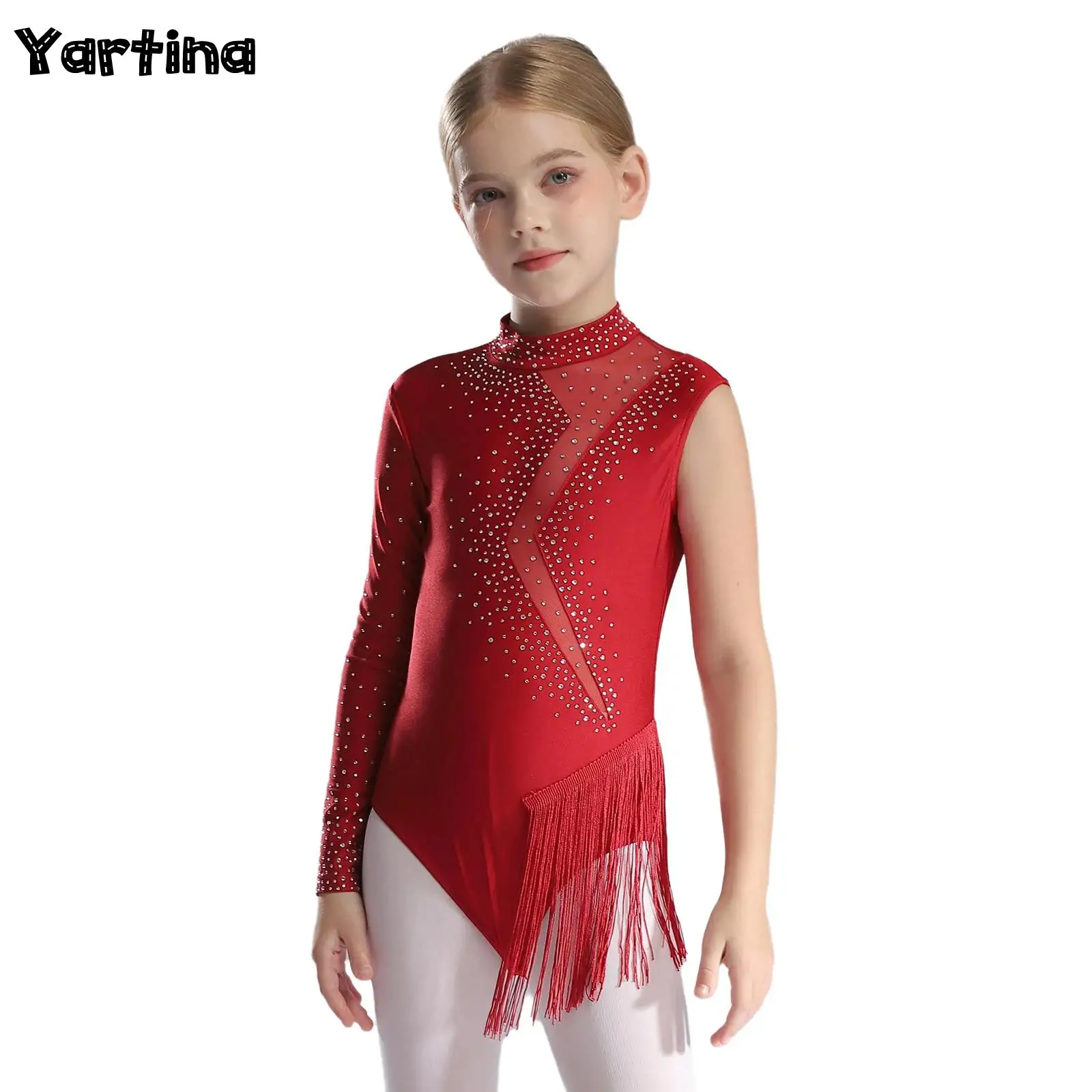 Kinder Mädchen Glänzende Strass Ballett Jersey Trikots Dancewear Quaste Body Latin Dance Performance Rhythmische Gymnastik Kostüm