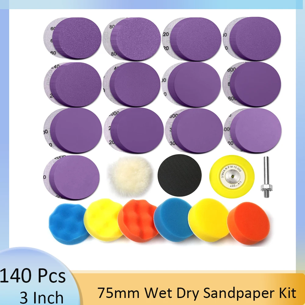 3 Inch Sanding Discs 140Pcs Wet Dry SandPaper with 1/4 In Backing Pad Hook & Loop 60-10000 Grits for Wood Metal Car Polishing