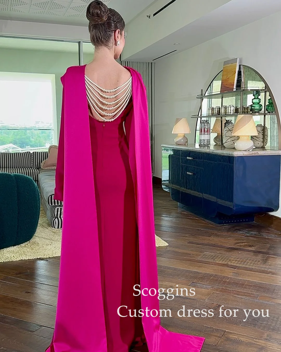 Scoggins فساتين سهرة Column Split Scoop Neckline Floor-Length Watteau Train Long Sleeves Dresses For Prom Wedding Party Dress