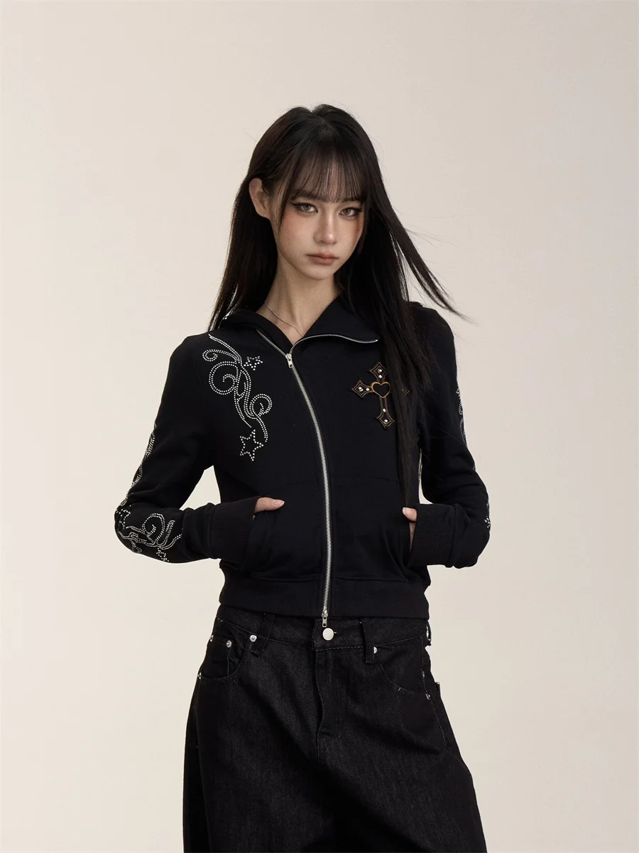 

Ретро-американский женский кардиган с молнией и блестками, приталенный, черный, с длинными рукавами, верхняя одежда, модный топ для весны