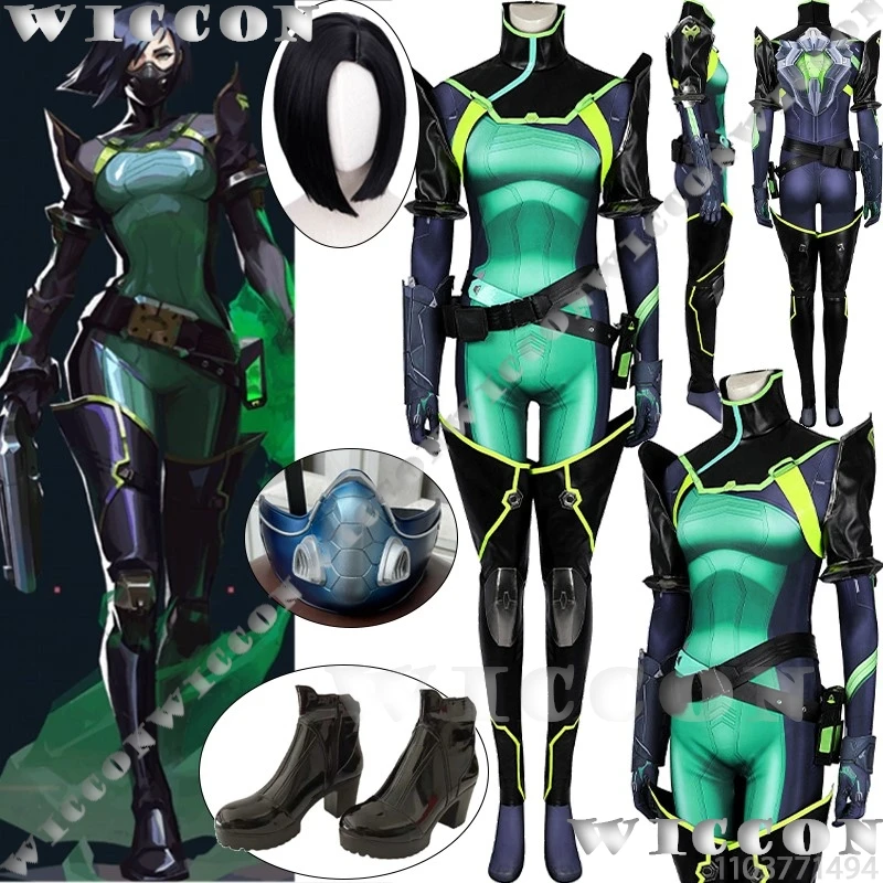 Viper Game VALORANT Cosplay Costume Green Jumpsuit Prop Wig Mask Shoes Sexy Bodysuit Women Girl Holloween Comic Con Customized