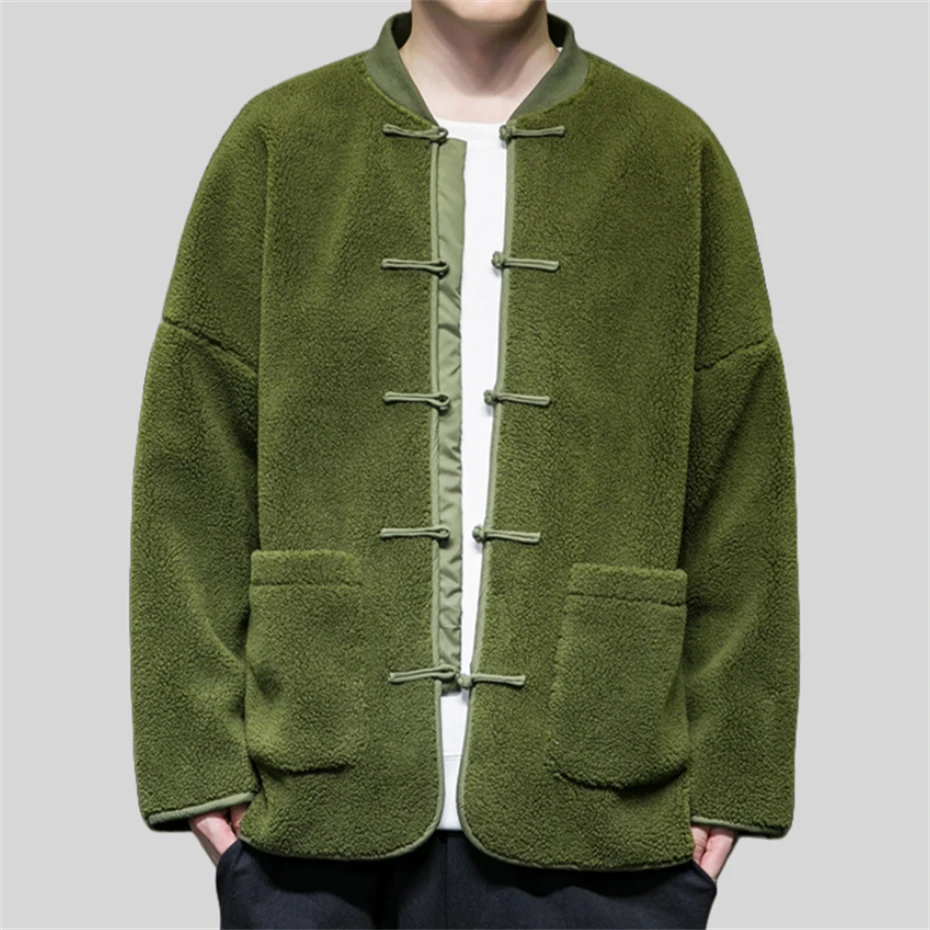 Parkas informales de lana de cordero para hombre, chaqueta gruesa de talla grande, chaqueta cálida de algodón con hebilla de disco, ropa de calle