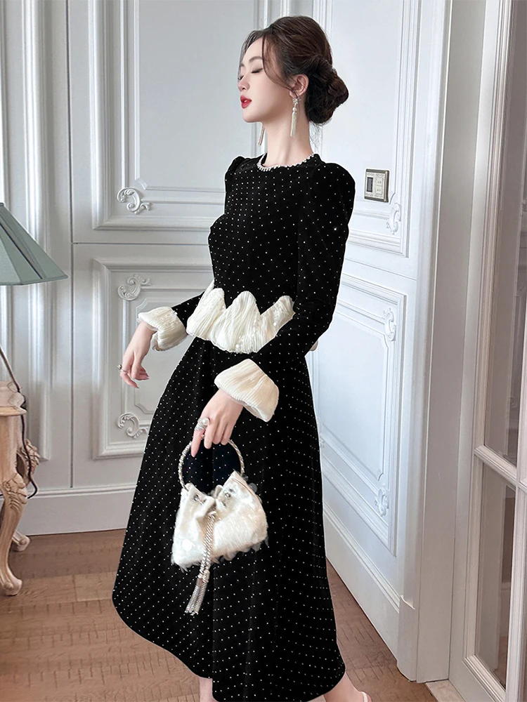 Ropa de mujer falso 2 piezas elegante de lujo de terciopelo negro de manga larga ajustado Vestido acampanado fiesta de noche Vestido de cumpleaños bata Casual