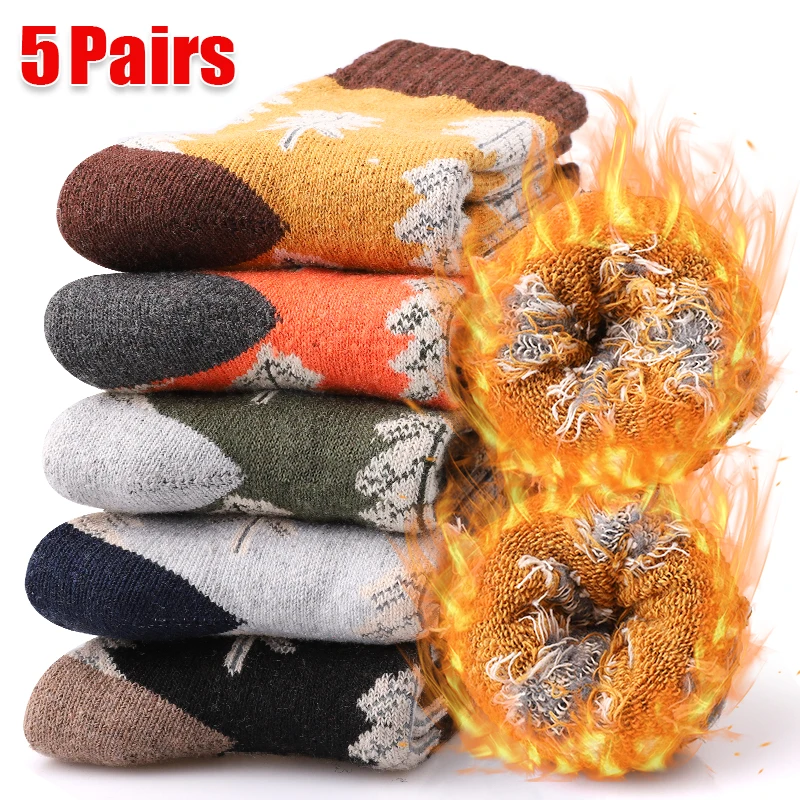 

5Pairs Leaf Pattern Knit Crew Socks Women's Winter Thick Thermal Casual Socks Plush Comfort Mid-calf Sock Daily Wear