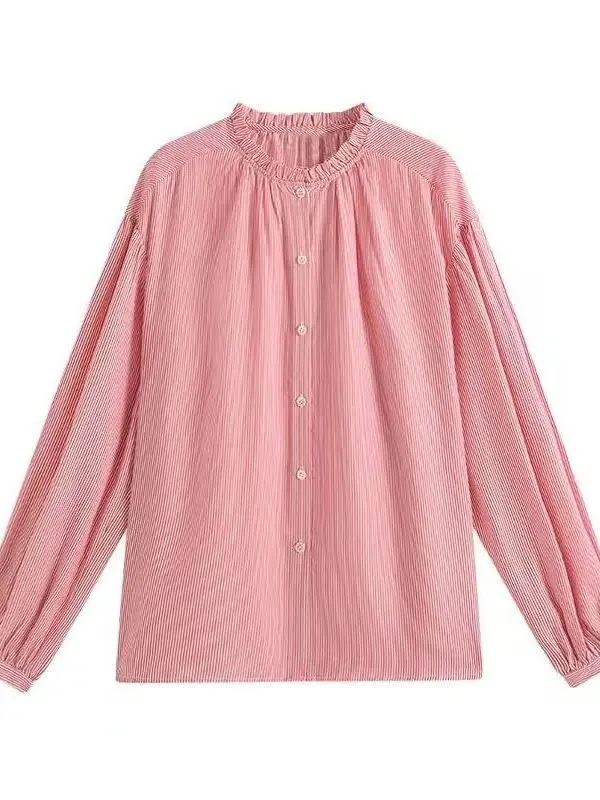 Pink striped shirt for women's 2024 summer design feel French high-end shirt small and chic top Leisure Versatile AUBN