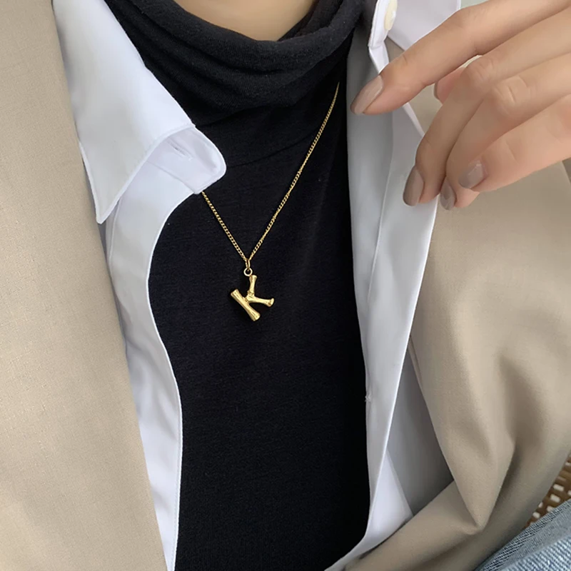 GHIDBK Cool Minimalist Street Style Bamboo A-Z Alphabets Initials Letters Pendant Collars Chokers Necklaces in Stainless Steel