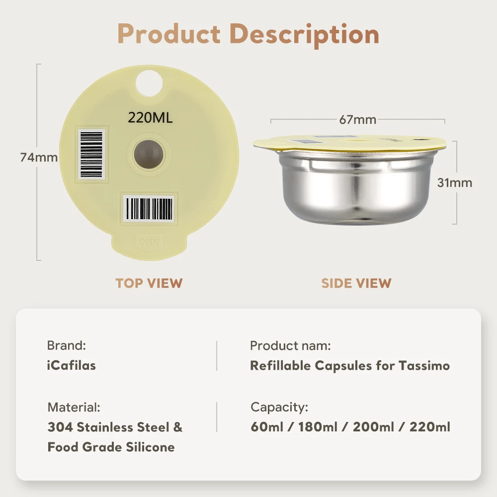 ICafilas-cápsula de café rellenable con tapa de silicona, juego de filtros para cafetera Bosch Tassimo Brewer, acero inoxidable