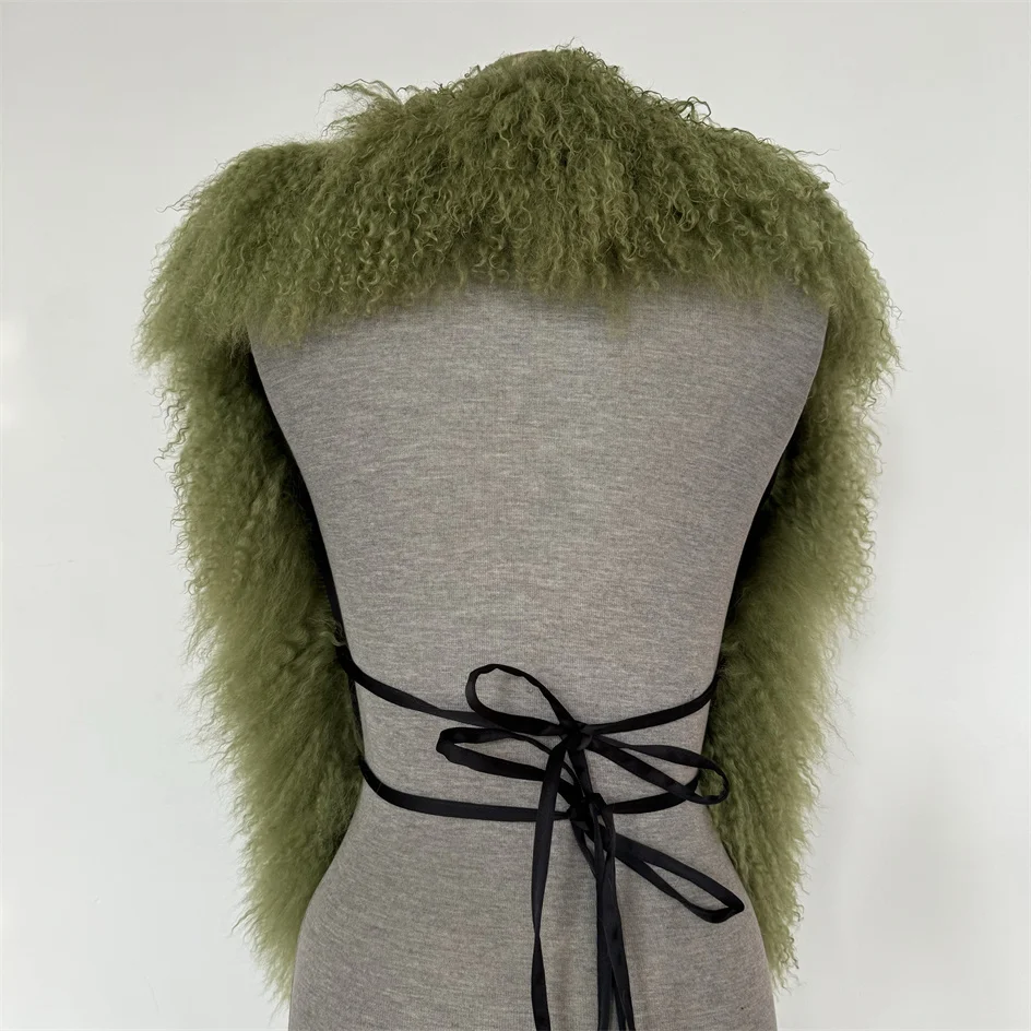 Fluffy Luxury Real Mongolian Fur Halter Vests Sexy Big Back Hair Collar Halter Top Deep V-Neck Backless