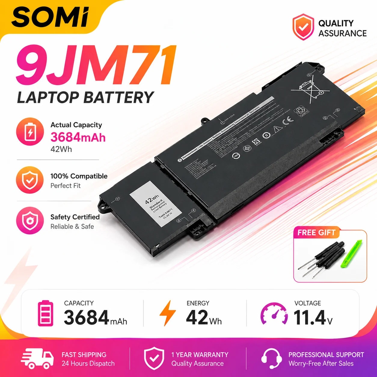 SOMI 7FMXV 9JM71 Laptop Battery for Dell Latitude 5320 7320 7420 7520 Series TN2GY 4M1JN 1PP63 Replacement Battery