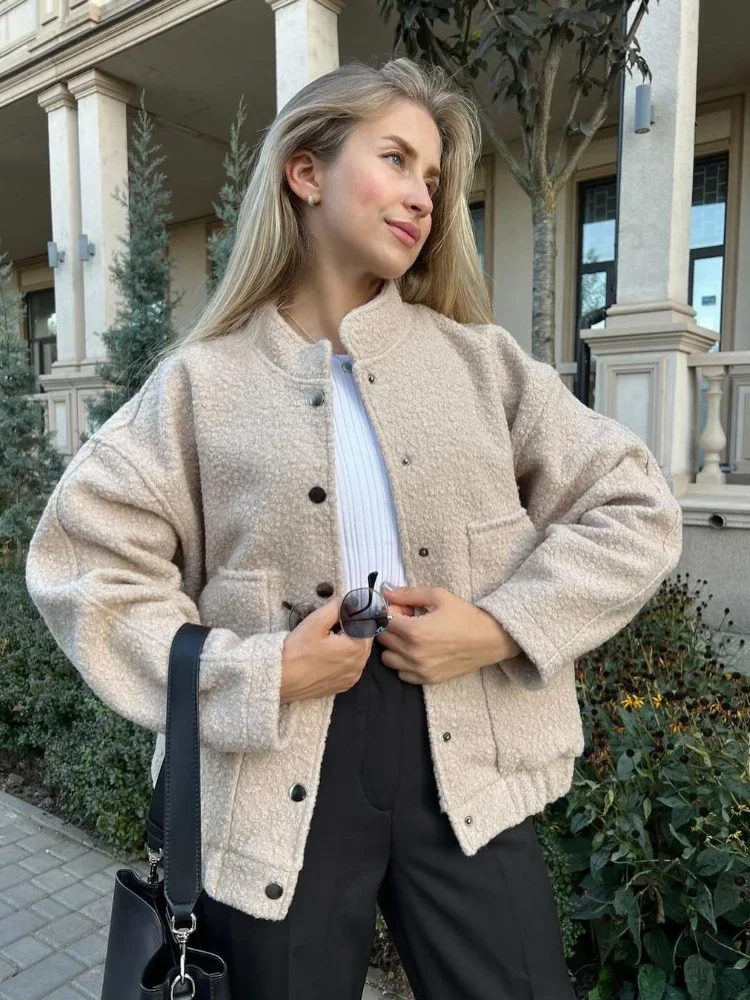 

Women Casual Solid Lamb Wool Coat Chic Stand Collar Long Sleeve Single-breasted Pocket Jacket 2025 Autumn Lady Loose Outwear