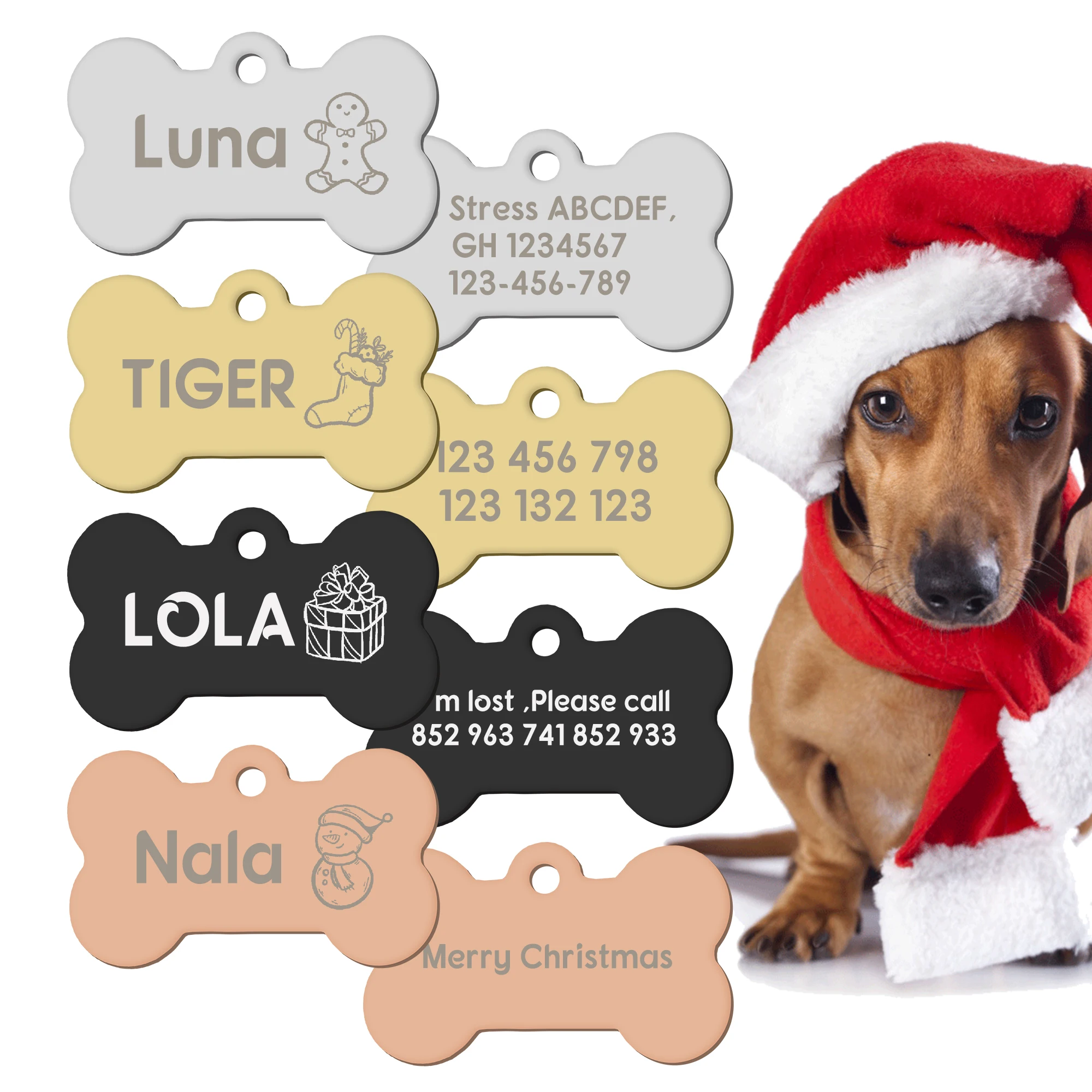 Bone Custom Christmas Labels Personalised Cute Dog Cat Name ID Tag Trees Merry Xmas New Year Gift Decoration