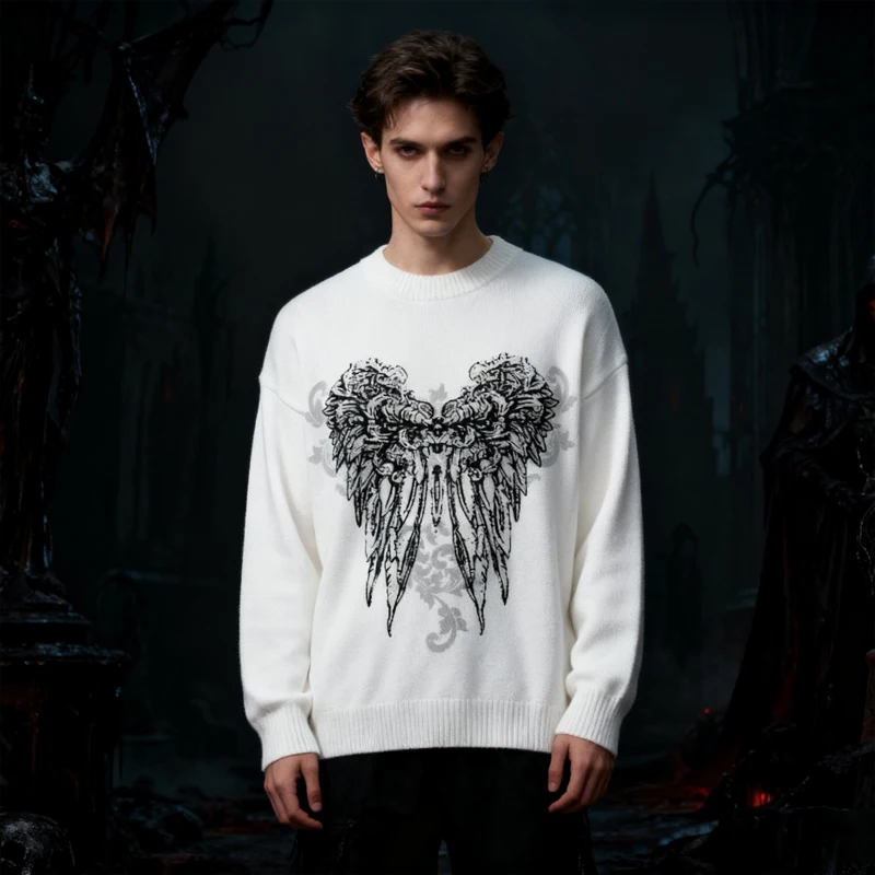 

Большой белый вязаный свитер с рисунком черного крыльев, авангардная уличная одежда унисекс, эстетика, теплый свитер