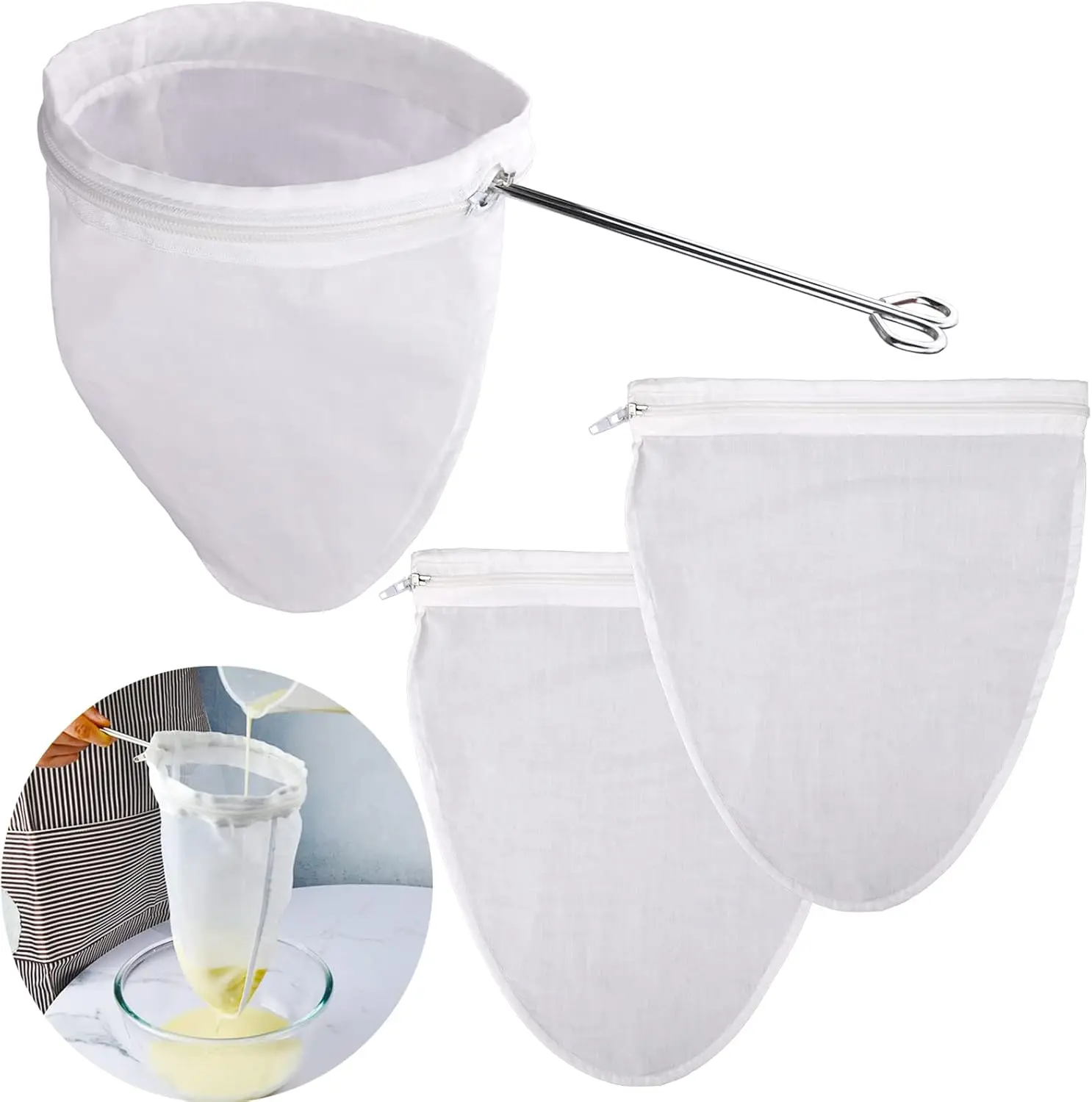 

Ultra Fine Mesh Strainer Bags, Reusable Mesh Filter Bags with Stainless Steel Handle Frame for Filter NutMilk, Coffee, Milk, But