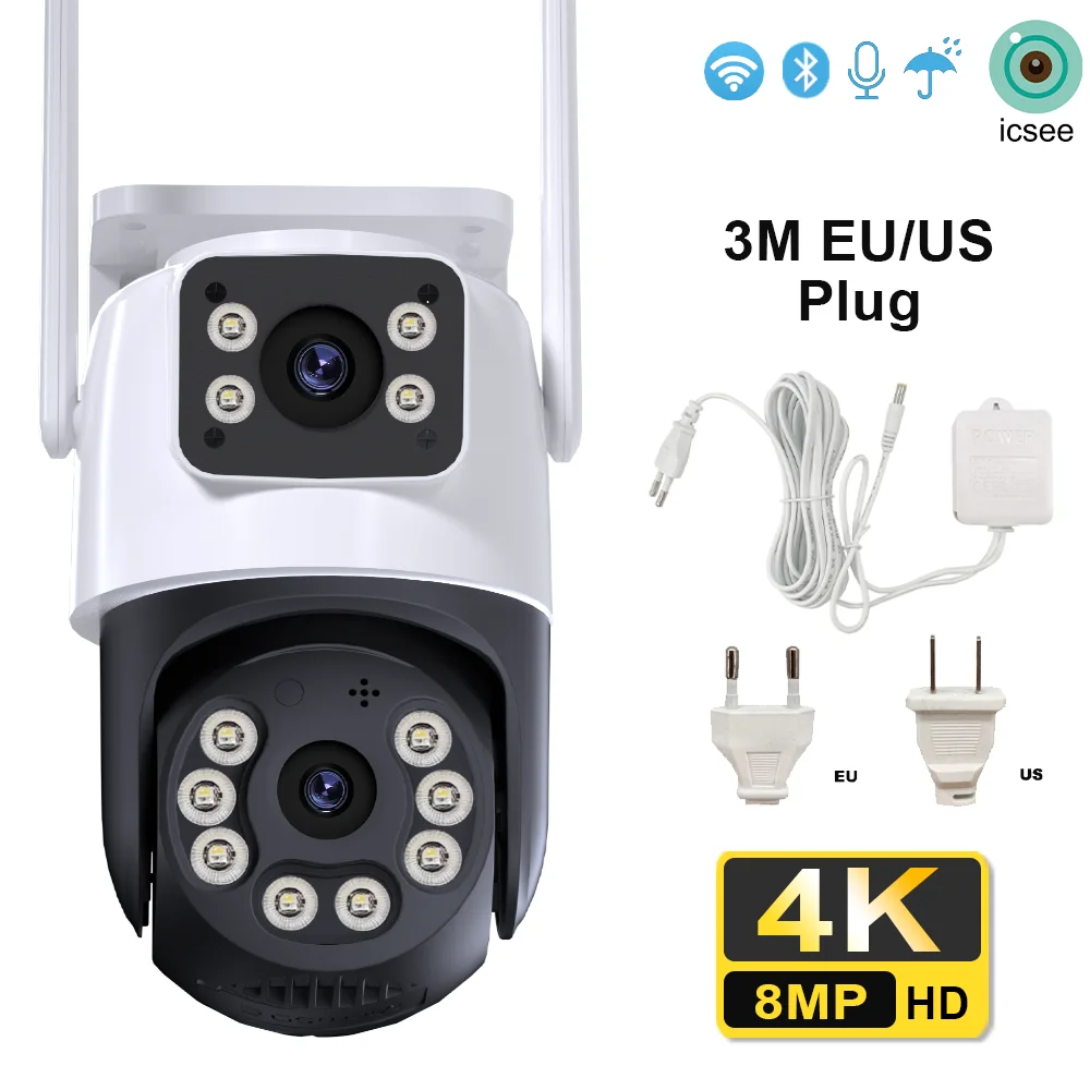 8MP Outdoor Wifi PTZ Camera Dual Lens Dual Screen AI Auto Tracking IP Video Surveillance Camera CCTV Two Way Audio