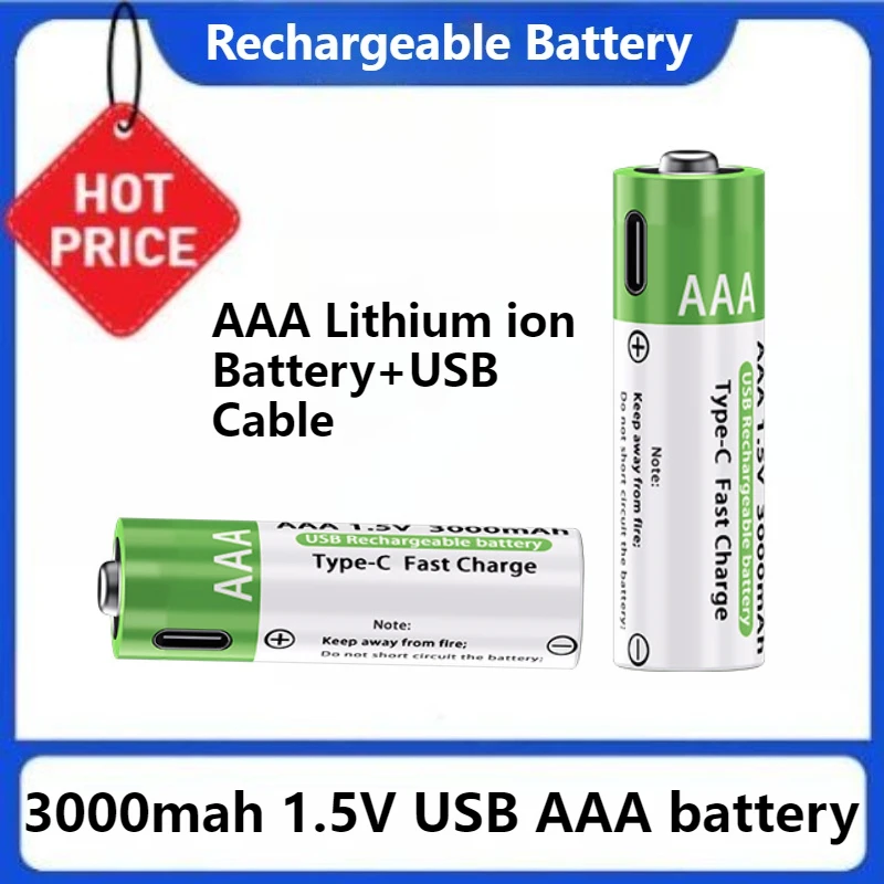 

Capacity 3000mah 1.5V USB AAA Lithium Rechargeable Battery AAA Lithium Ion Battery+USB Cable Low Self Discharge AAA Battery