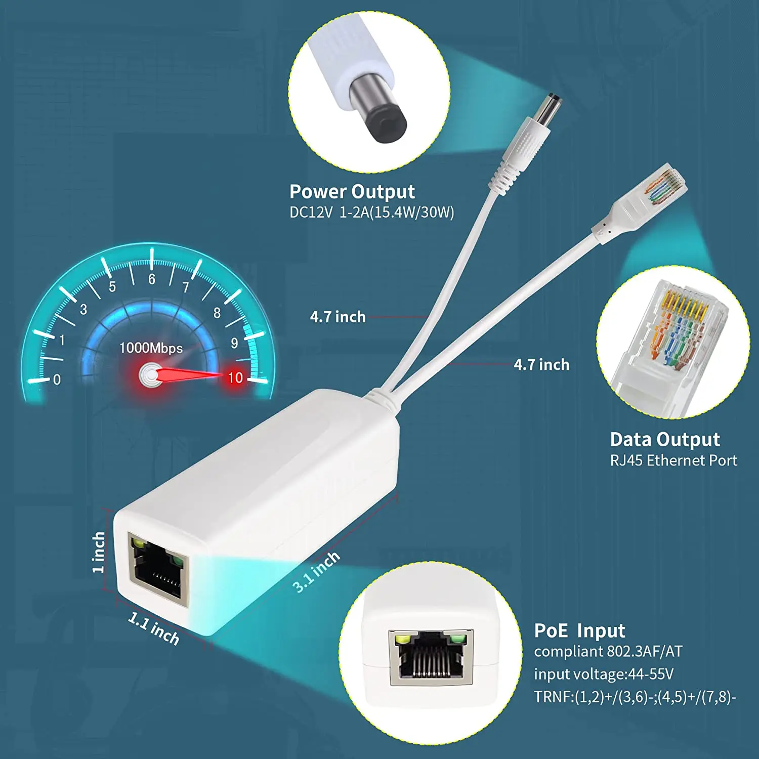 Przejściówka rozgałęziająca Gigabit PoE, wyjście 12V 2A, 1000Mbps, IEEE 802.3AF/at, nadaje się do kamery IP, AP WiFi, telefony IP