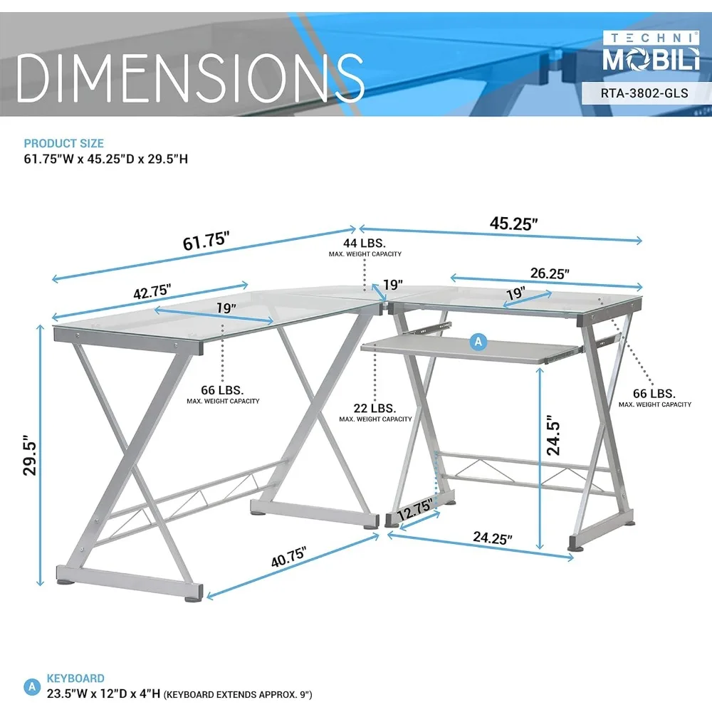 Scrivania angolare a forma di L in vetro temperato con vassoio per tastiera scorrevole, trasparente