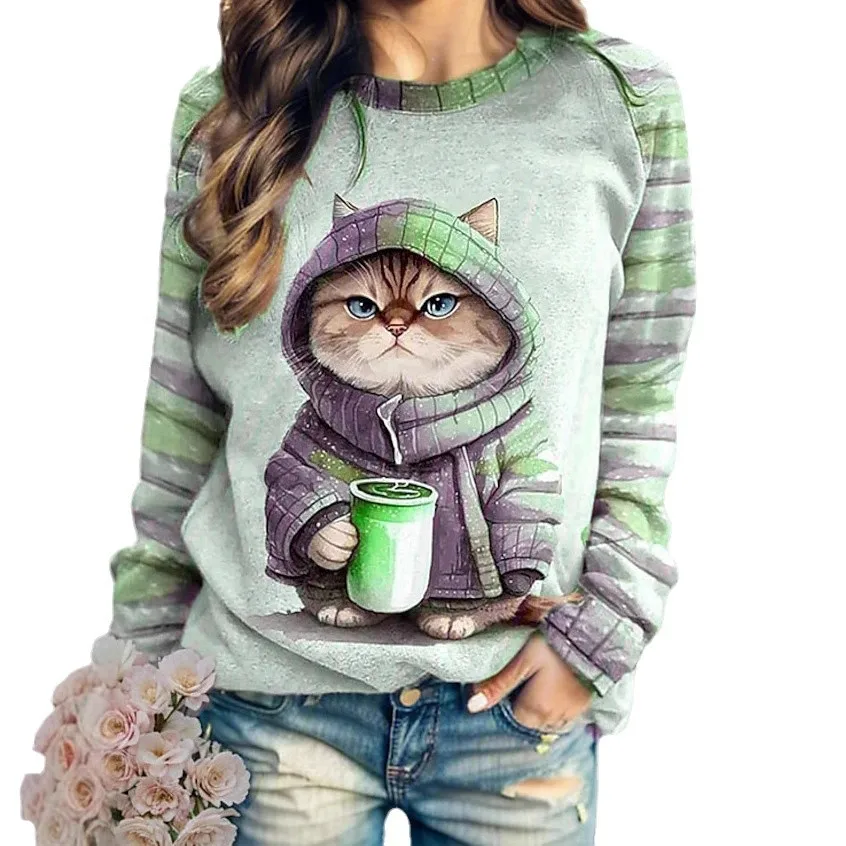 Women\'s round neck hoodie animal cat 3D printed shoulder style autumn and winter European and American T-shirt women\'s clothing