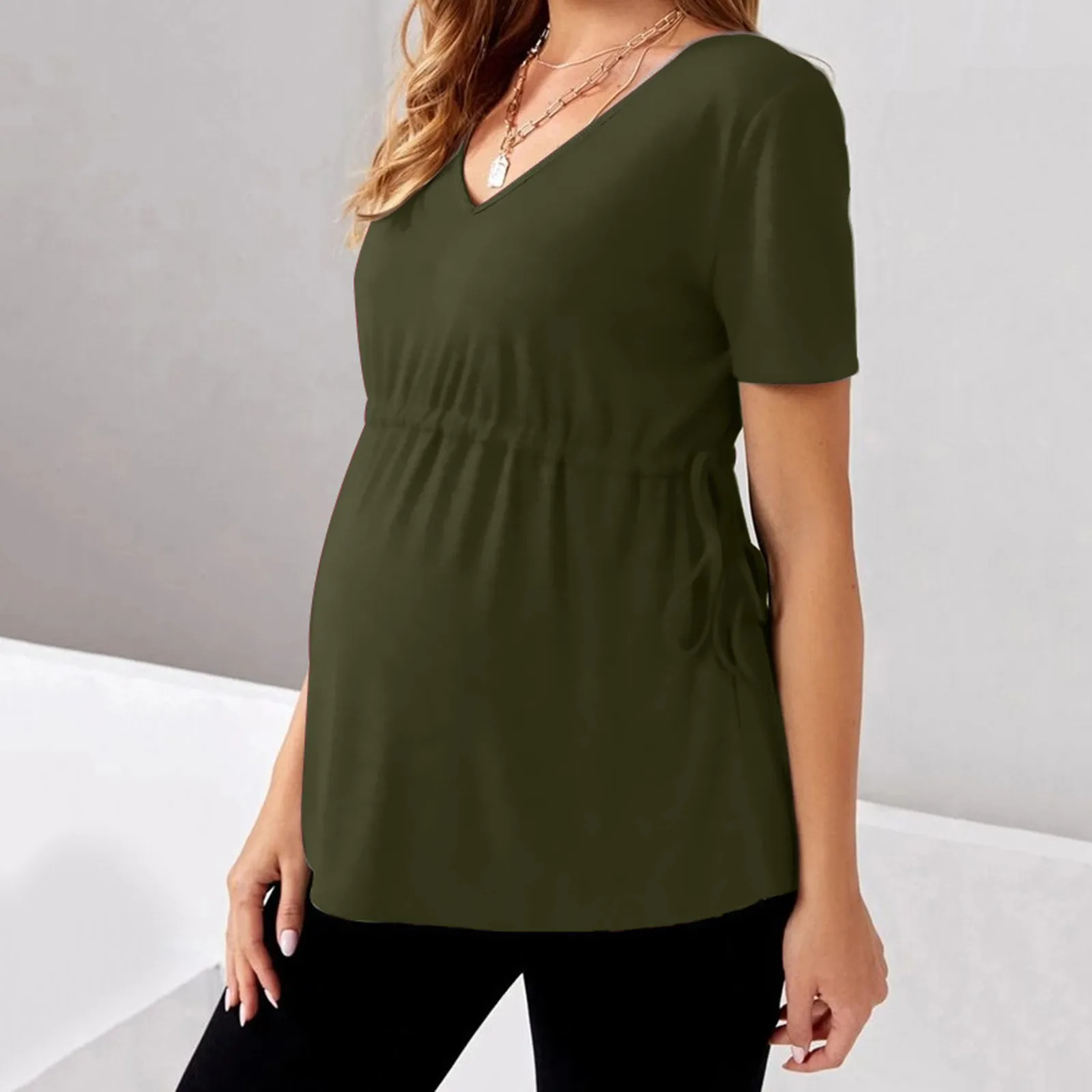 Maternity Tunic Tops Pregnant Shirt Short Sleeve Side Ruching T-shirt Pregnancy Round Neck Solid Color Tee Shirt Summer Clothing