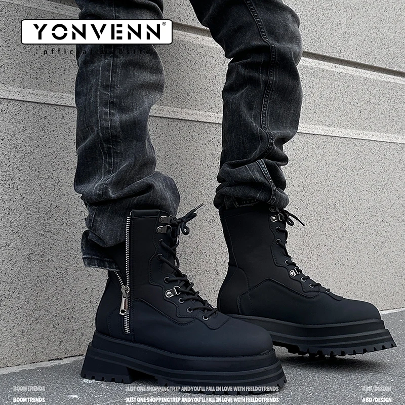 Short leather boots with a thick sole and 7CM height increase, featuring a side zipper design and high cut outdoor work shoes