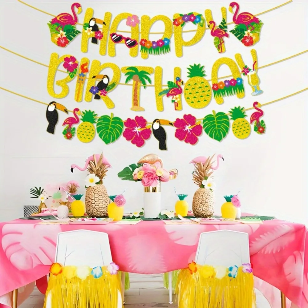 3Pcs/Set Spring Tea Flower Festival Party Decorations, Hawaiian Theme Birthday Banners, Flamingo Pineapple Style Summer Party Decoration Garland Set, Suitable for Indoor and Outdoor Decoration