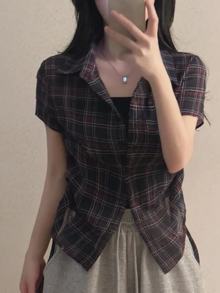 Chic Summer Vintage Versatile Colletto rovesciato Bottone piccolo Design raccolto lateralmente ort Plaid irt Top da donna Pendolarismo Sle