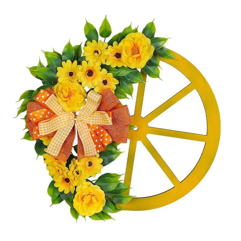 

Spring Yellow Flower Wheel Garland Wooden Wheel Decorative Front Door Wreath Round Artificial Tea Leaf Hanging Dot Plaid Bowknot