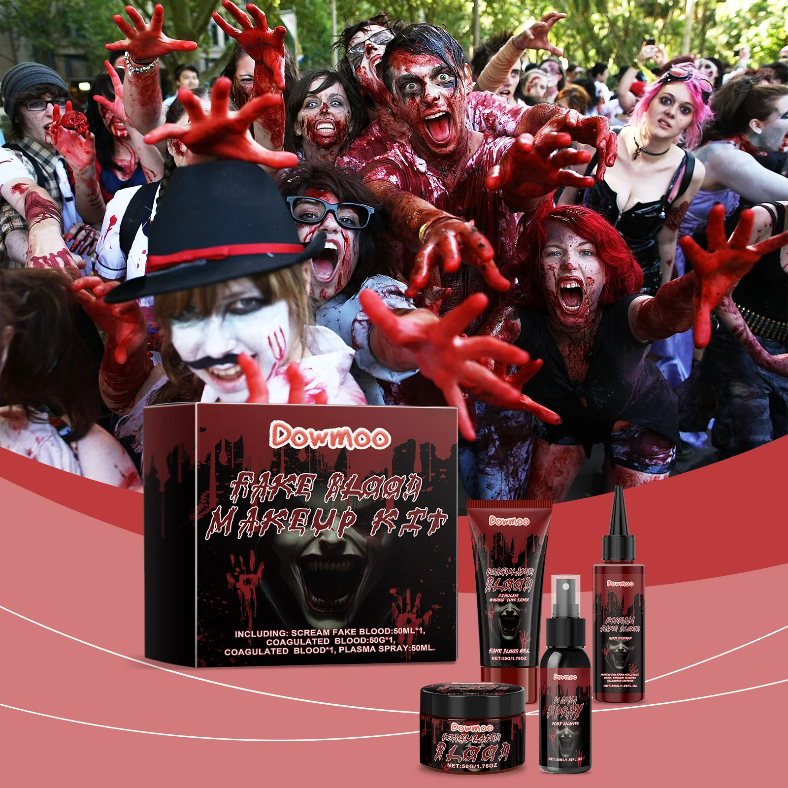 Dowmoo Halloween Makeup Kit - Screaming Fake Blood Gel and Blood Spray Set for Realistic Scary Wound Clown Monster Cosplay