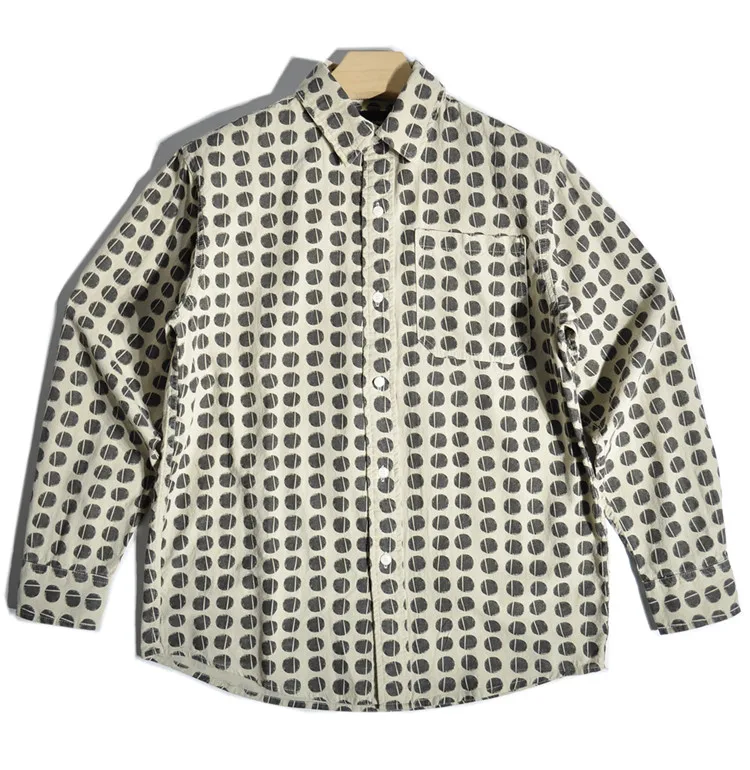 Pure Cotton Round Dot Print Shirt Men Streetwear Fashion Cityboy Loose Casual Long Sleeve Vintage Cargo Shirts Unisex Blouses
