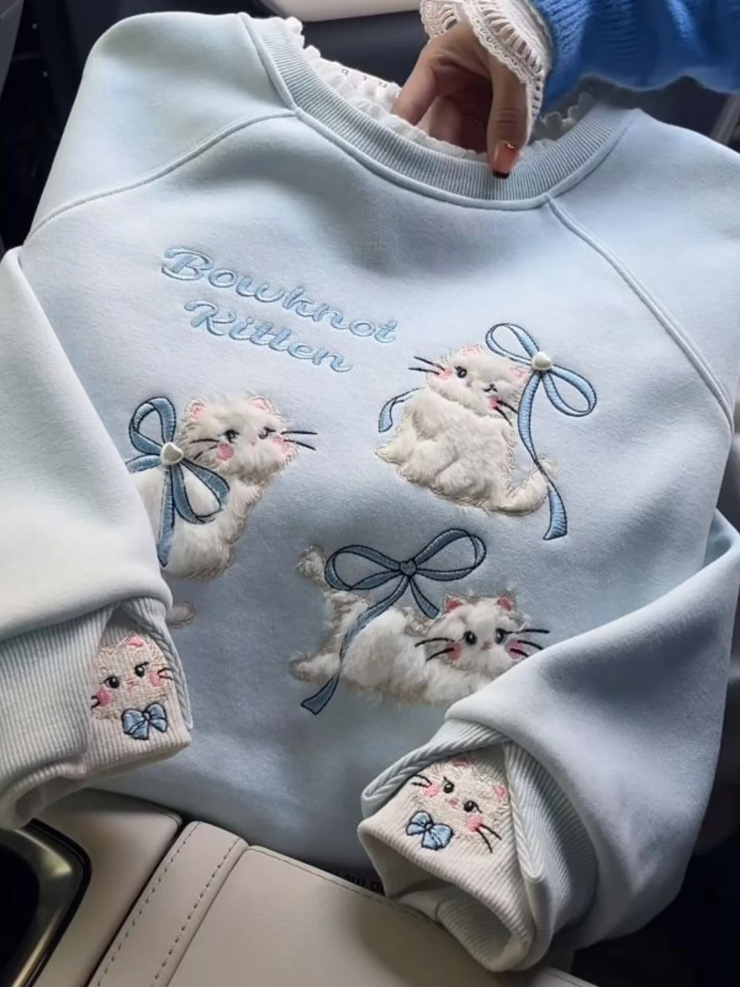 

Женская зимняя толстовка с милым узлом и вышивкой, новинка Thiened Fce, джинт с кружевным воротником, корейский Sle, круглый, Ne Lon...