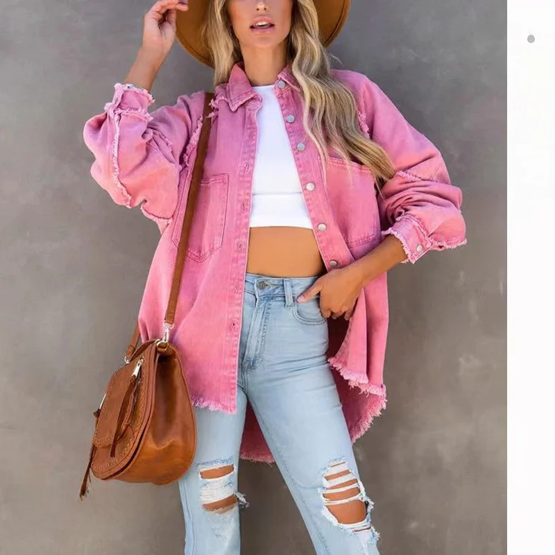 

Casual Vintage Tassel Loose Denim Jaet Pure Color Commute Sle Button Closure oulder Sve Long Sve Regular Length