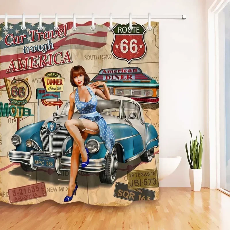 Car travel through America retro trip sexy girl shower curtain set Route 66 bathroom fabric curtains for bathtub decor with Hook