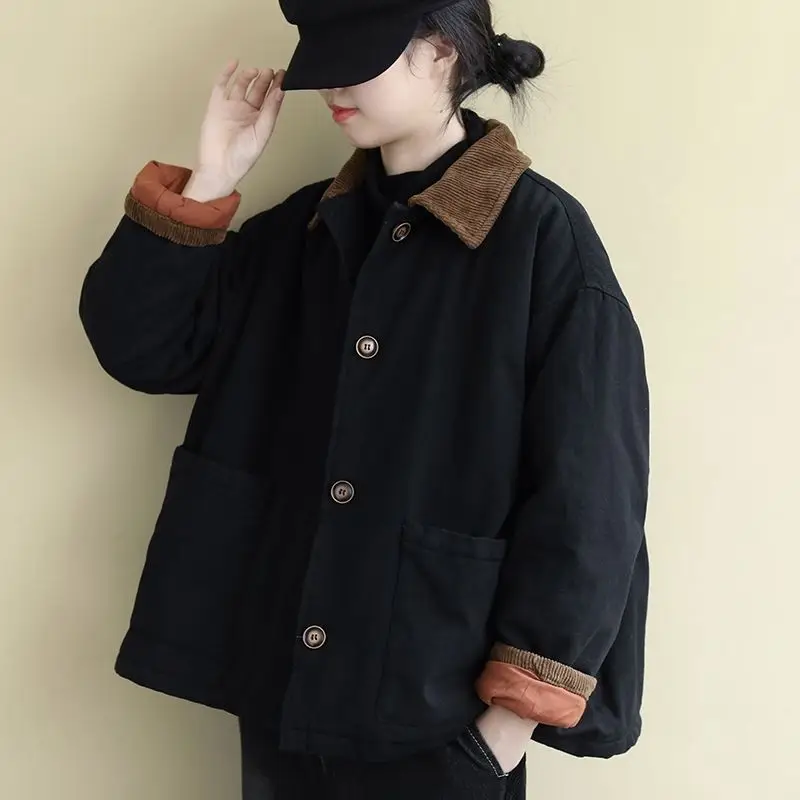 

Осенне-зимнее хлопковое пальто, женское винтажное пальто с отложным воротником и длинными рукавами, толстая теплая литературная куртка с карманами E12416