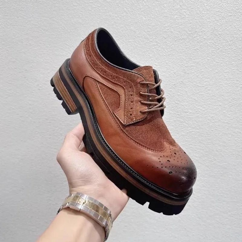 Big Head Vintage Men's Business Casual Formal Leather Shoes British Thick-soled Derby Shoes Men Real Leather Brogue Dress Shoes