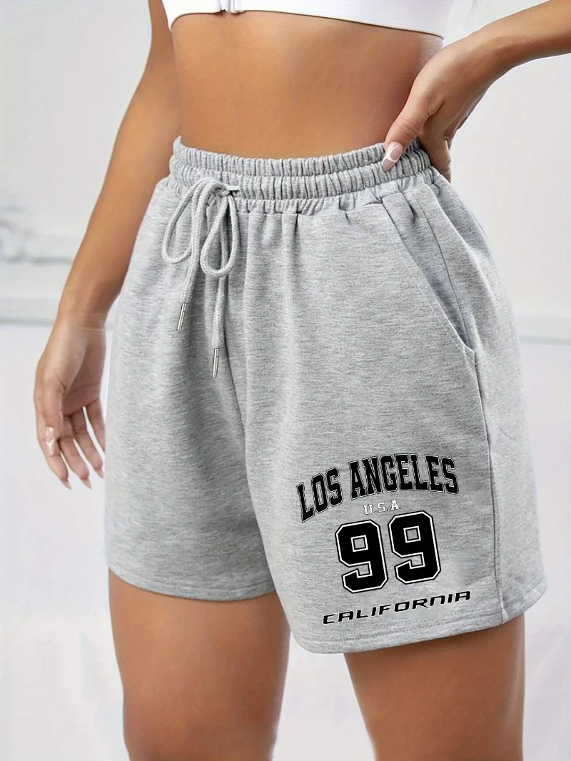 Women's Los Angeles 99 California Print Casual Jogger Shorts - Heather Grey Elastic Waist with Adjustable Drawstring