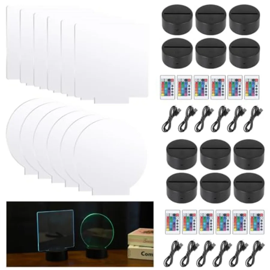12 Sets LED Lights with Acrylic Sheets Night LED Lights Lamps Adjustable 16 Colors LED Light Display Bases 2 Types DIY Acrylic