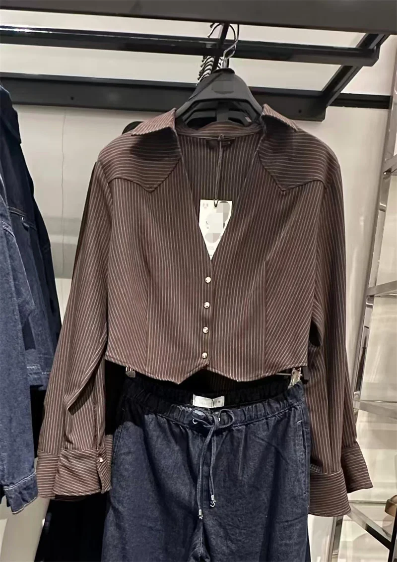 Women's Shirt 2025 Winter New Style Red-Brown Striped Long-Sleeve Short Shirt Jacket with Shoulder Pads Trendy and Fashionable - Image 6