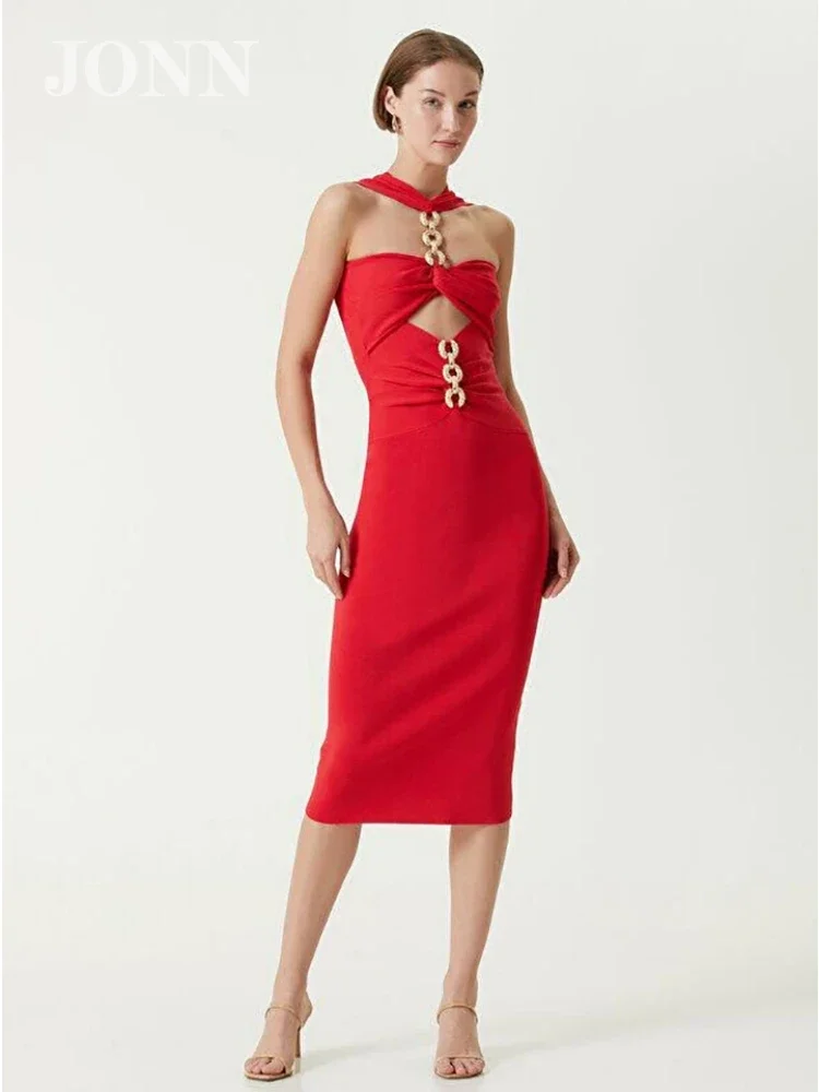 

JONN Sexy Halter Neck Hollow Out Chain Bandage Dress Women Red Sleeveless Folds Bodycon Midi Evening Party Club Gown