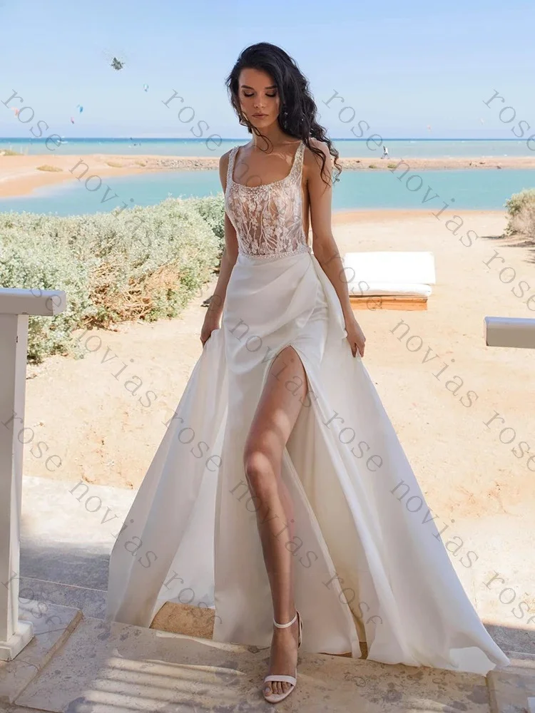 Customized Lace Mermaid Wedding Dress 2026 Square Neck Sleeveless Bridal Gown with High Slit Sweep Train Sexy Bride Dress