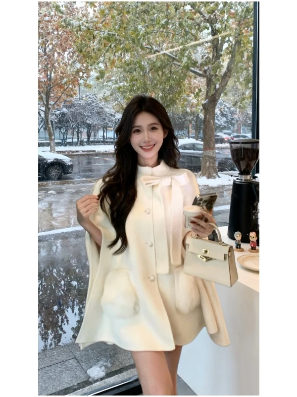 Elegant Rich Girl Style Coat Jacket Plush Women's Fashion Bow Pocket Shawl Coat Autumn Winter New Arrival Korean Version