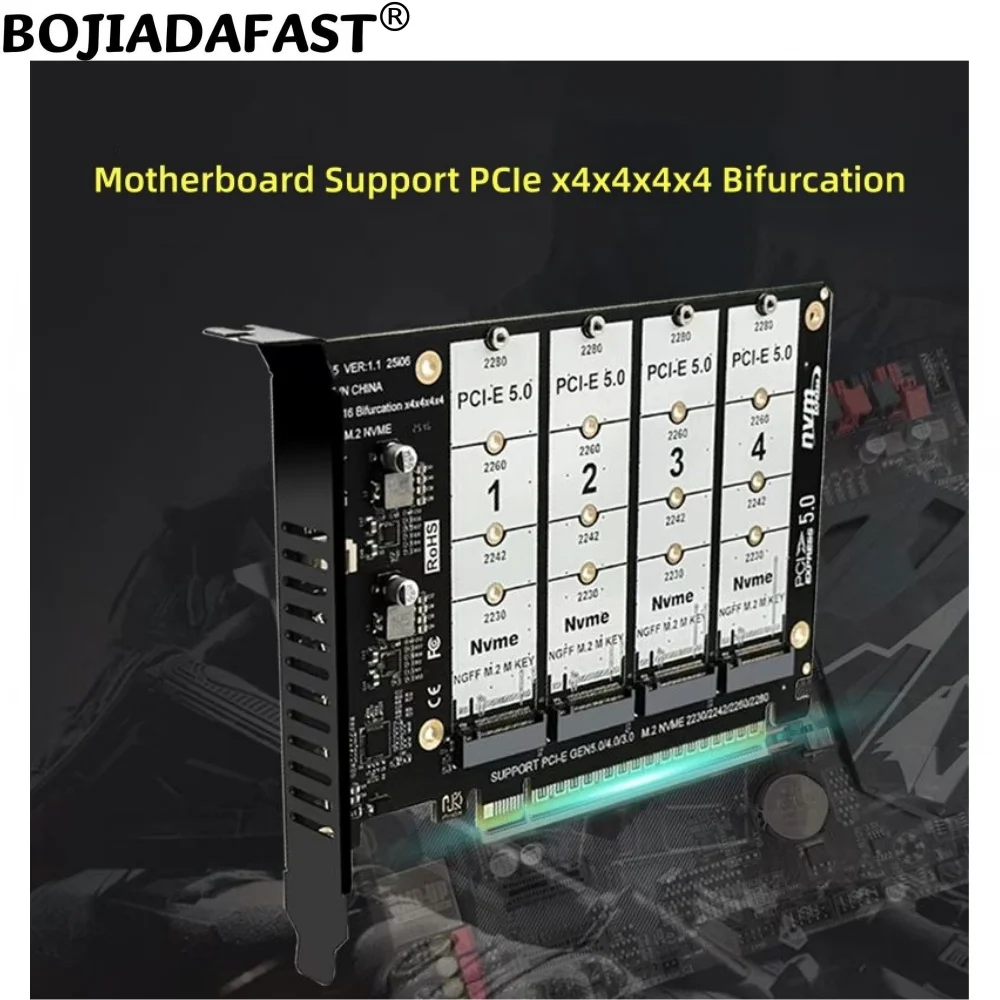 

PCI Express PCI-E 5.0 16X to 4 * M.2 Key-M 2280 NVME SSD Adapter Expansion Card GEN5 MB Support PCIe X4x4x4x4 Bifurcation