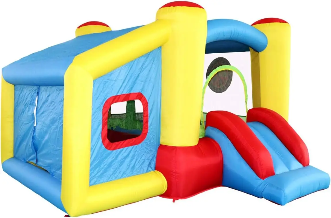 Casa de rebote inflable con soplador, tobogán de castillo para saltar, bóveda para niños con piscina de pelotas, llanta de baloncesto, juego de objetivo de dardos