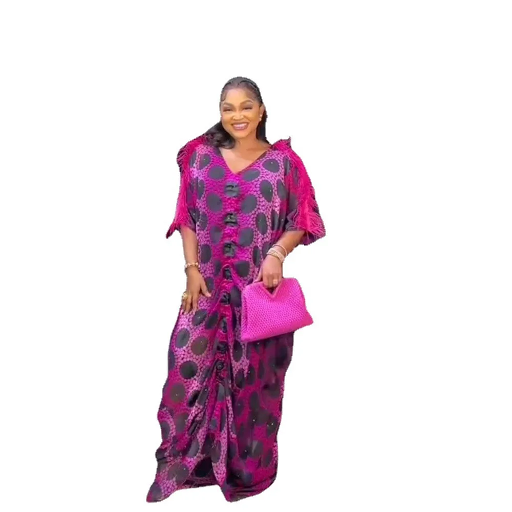 Foreign trade African plus size women's drawstring V-neck dress with digital printing ostrich fur decoration and interior group