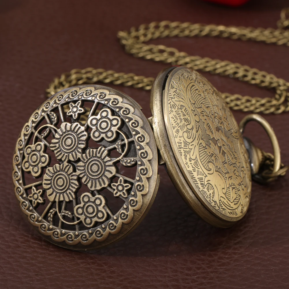 Retro Elegant Flower Necklace Pocket Watch Women Analog Quartz Movement Pendant Chain Pocket Clock Antique Gift Men